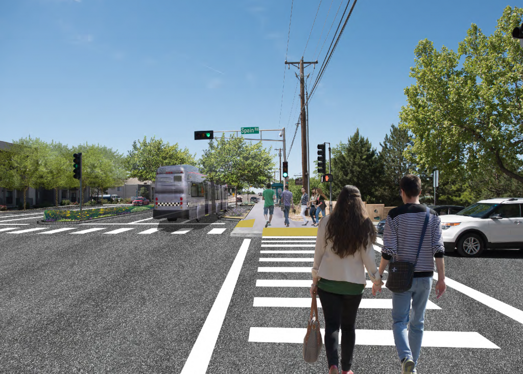 Rendering showing illustrative example of complete streets elements that could be added to the intersection. Elements include: road diet, bus bump-outs; improved curb ramps; and median landscape improvements.