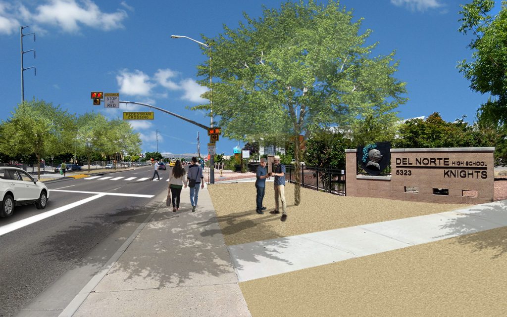 Rendering showing illustrative example of complete streets elements that could be added to replace the pedestrian bridge with a pedestrian hybrid beacon (PHB) and wider sidewalks.